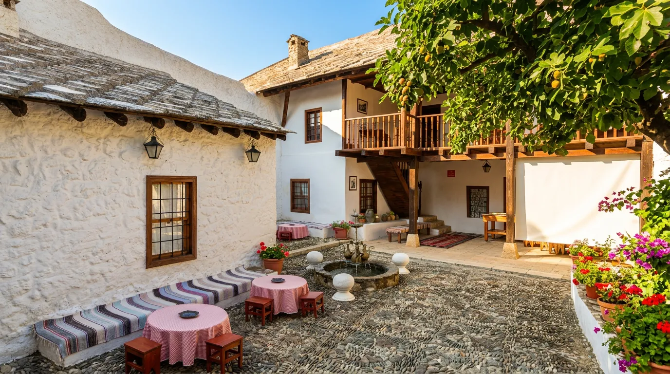 The inner courtyard (avlija) of the Bišćević House paved with river pebbles, with decorated tables, a wooden balcony, and the authentic atmosphere of old Mostar