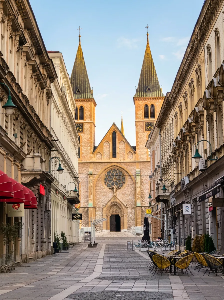 Pogled na Katedralu Srca Isusovog iz pješačke ulice u centru Sarajeva