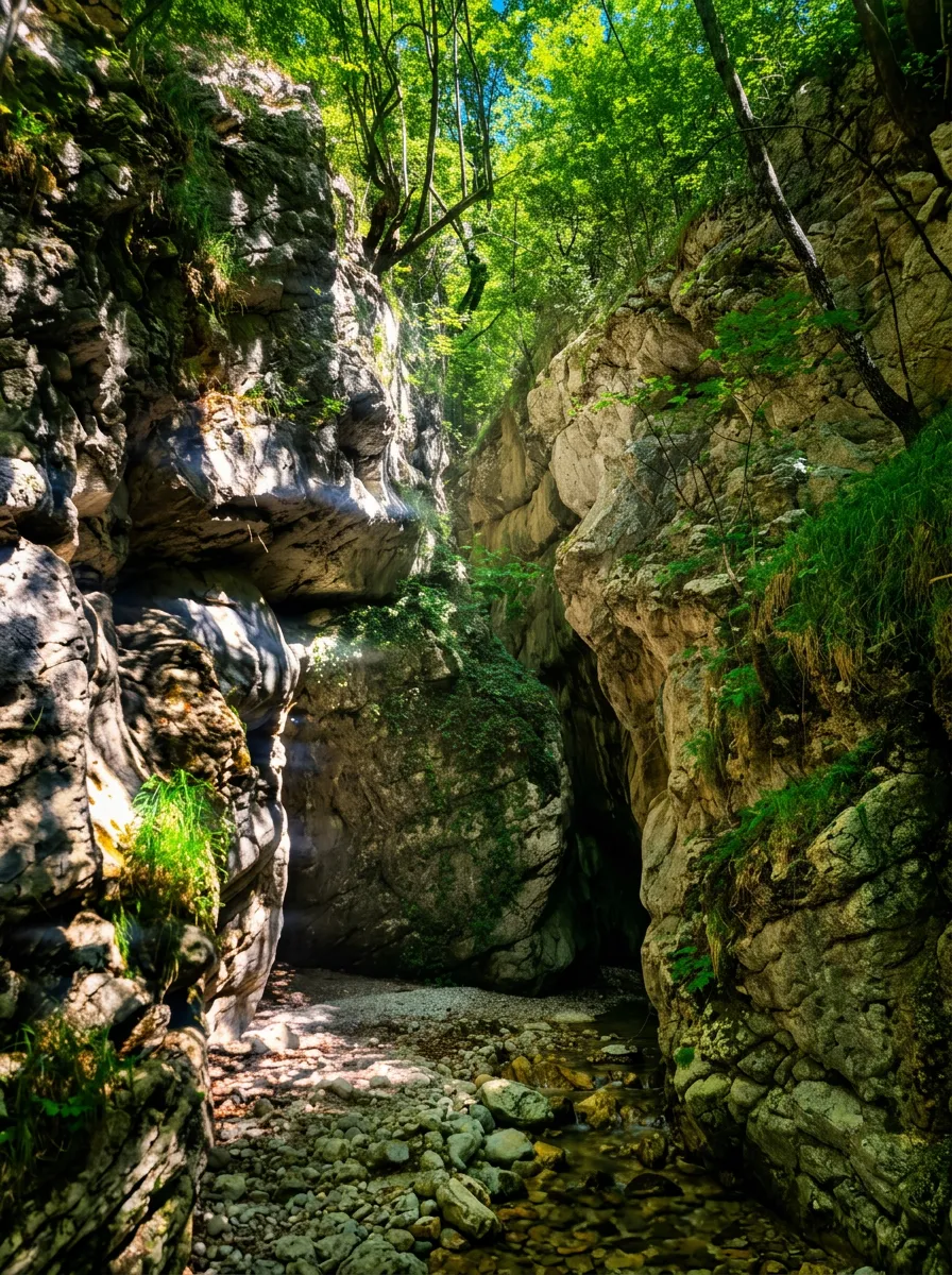 A stone canyon with large rocks in the riverbed, framed by mountain vegetation and greenery in untouched nature