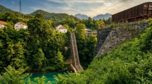 Panoramic view of the remains of the bridge over the Neretva River in Jablanica