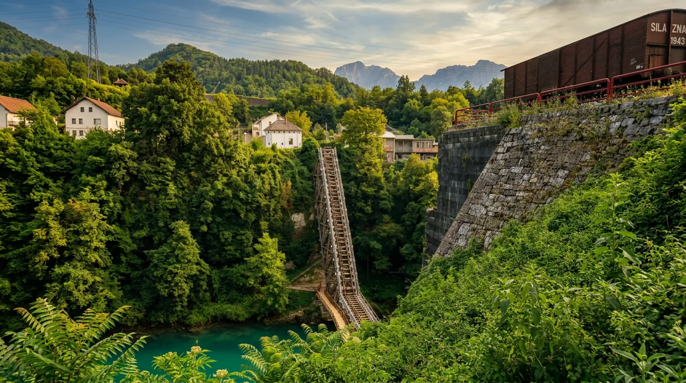 Panoramic view of the remains of the bridge over the Neretva River in Jablanica