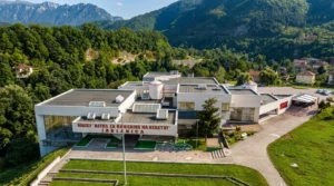 Aerial view of the Battle for the Wounded on the Neretva Museum building in Jablanica