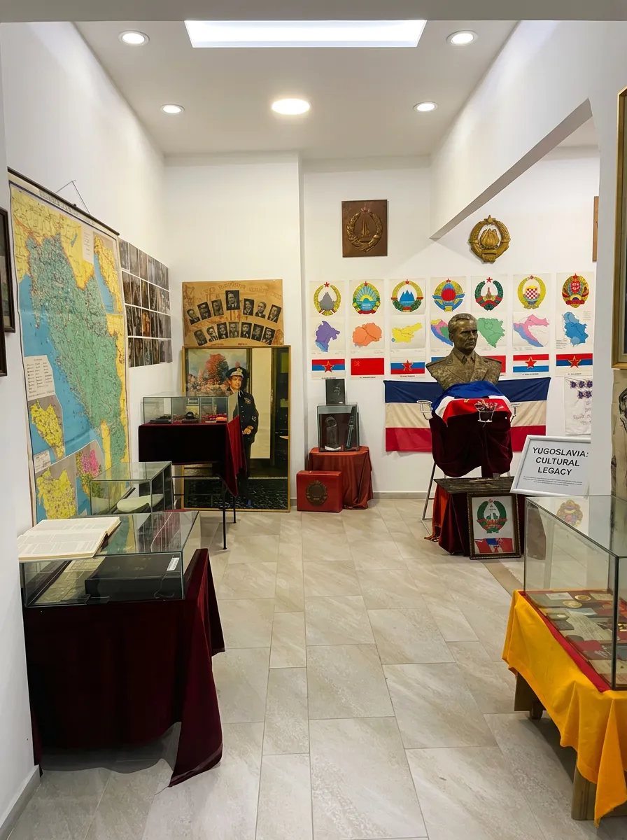 The interior of the exhibition space with historical exhibits from the SFRY era, including a bust of Josip Broz Tito, Yugoslav flags, coats of arms, and a large map on the wall