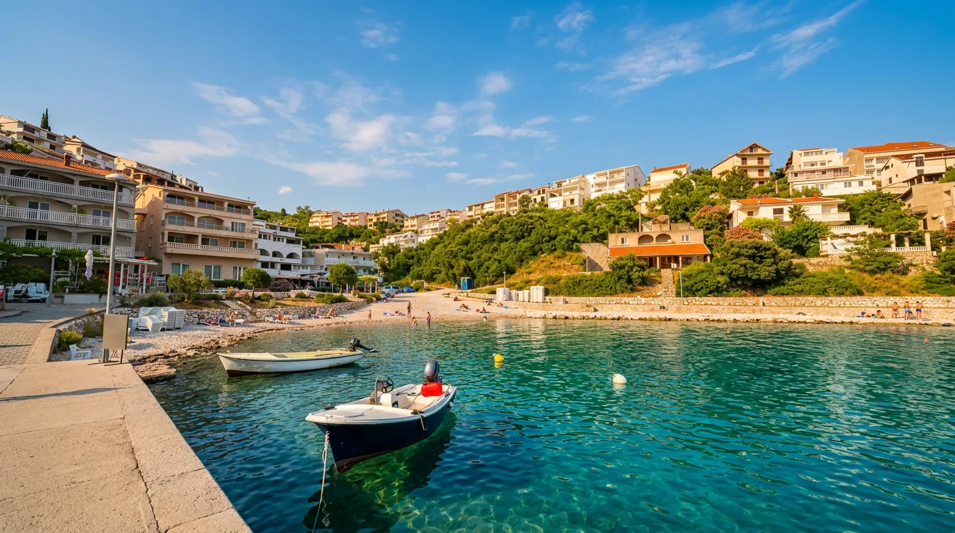 Aerial view of a calm, clear green bay with two small boats moored in front of a pebbly beach, surrounded by apartments and Mediterranean greenery