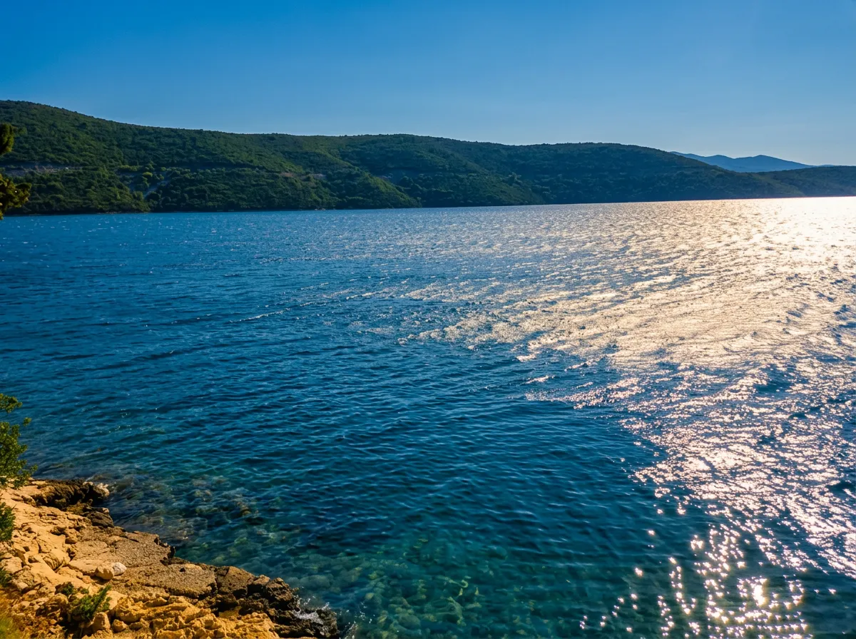 Close-up of shimmering, clear blue sea water in Neum, photographed from the rocky shore and Mimoza Beach in town, with a hilly peninsula in the background under the sun