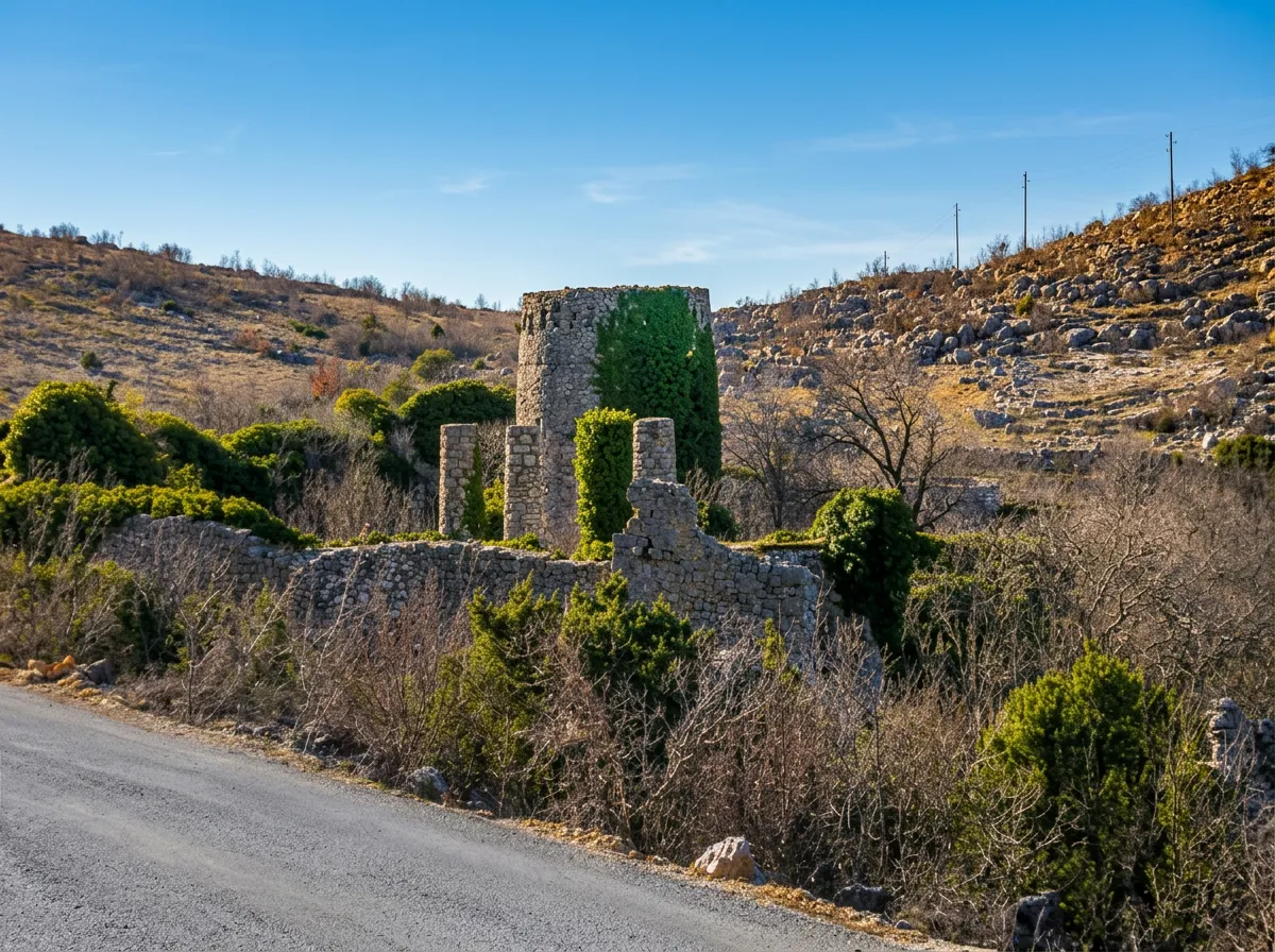 View of the Old Town Hutovo with an ivy-covered tower beside the local road