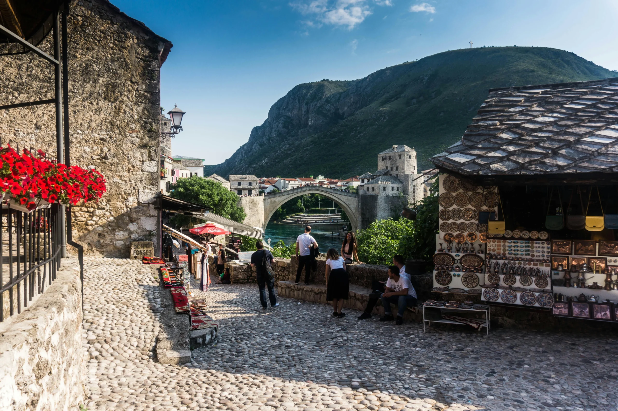 Cobblestones and a view of Stari most from the streets of Mostar's old town