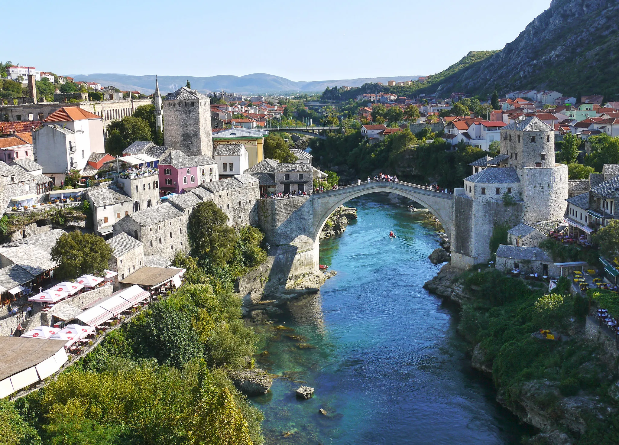 A panoramic view of Stari most and the city of Mostar on the Neretva River