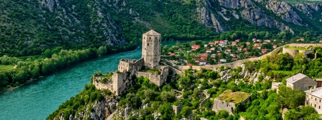 Stari grad Počitelj Čapljina Pogled na stari grad Počitelj sa srednjovjekovnom kulom i bedemima na stijeni iznad tirkizne rijeke Neretve, okružen zelenilom
