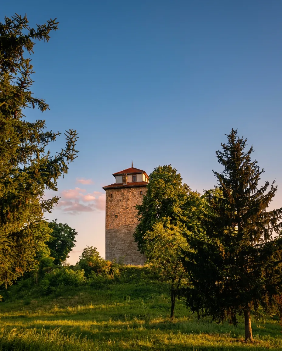 Gradaščevića kula okružena drvećem u mirnom prirodnom okruženju tokom kasnog popodneva