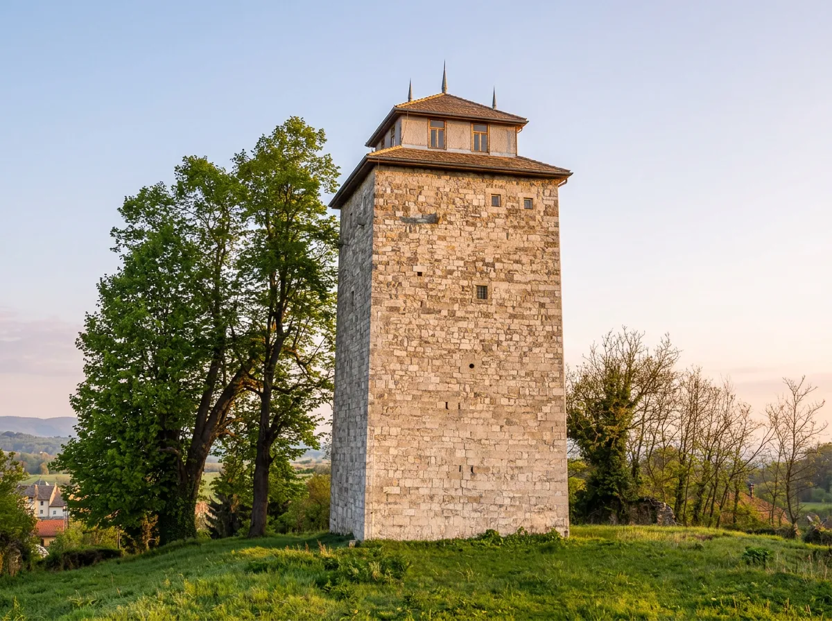 Detaljan pogled na kamenu strukturu Gradaščevića kule na zelenoj uzvisini