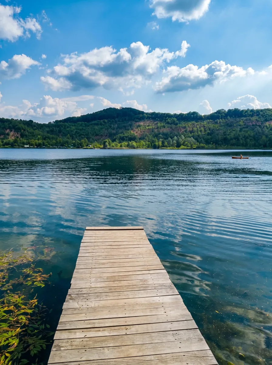 A wooden pier leading into the water of Kop Plane-Šići Lake with hills in the background