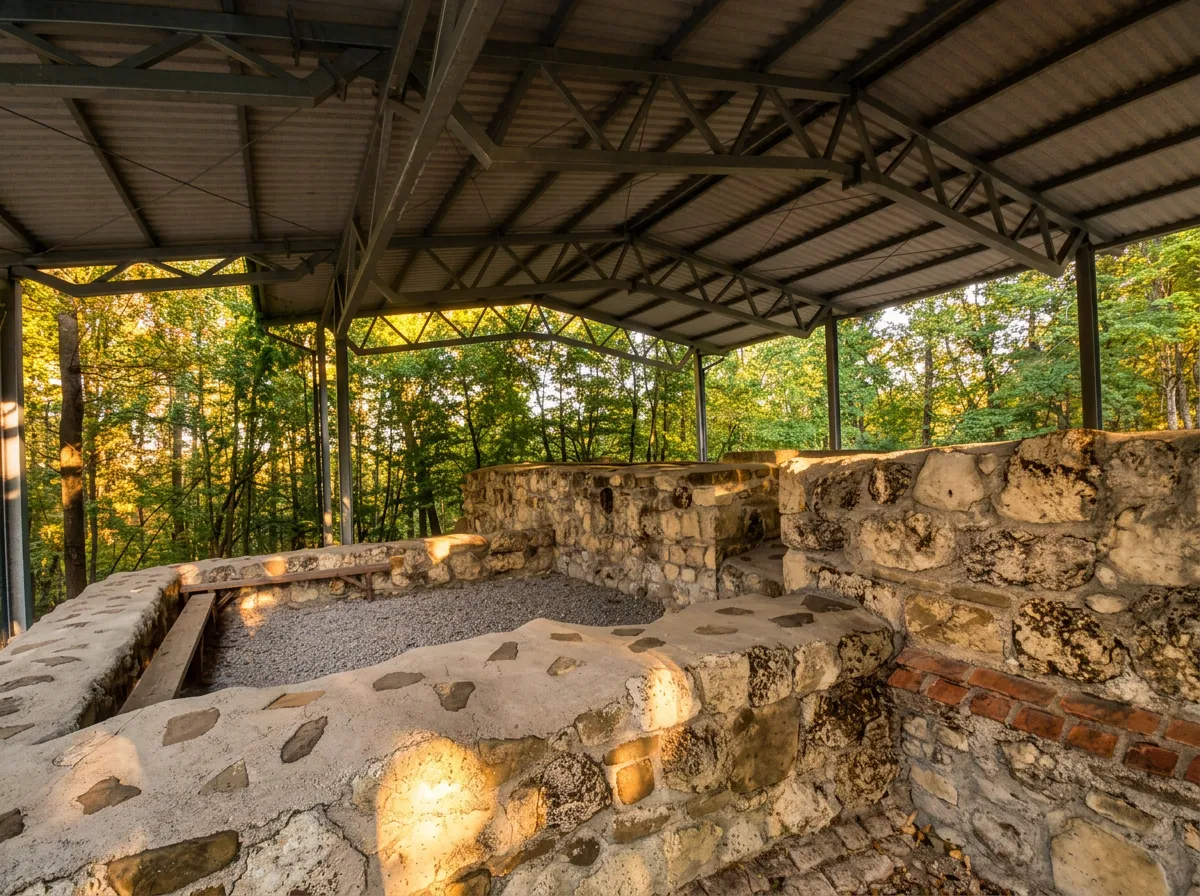 Stone remains of historical walls covered by a shelter at the Zidine site in Gornja Skakava