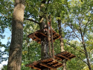 Drvene platforme i prepreke postavljene visoko na drveću u Adrenalin parku Doboj