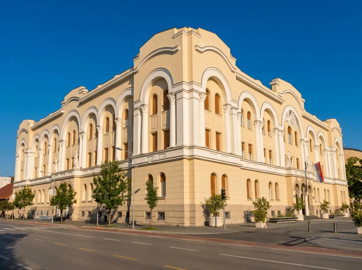 Impresivna neorenesansna fasada zgrade Banskog dvora u žutim i bijelim tonovima, fotografisana iz ugla sa ulične strane pod vedrim plavim nebom
