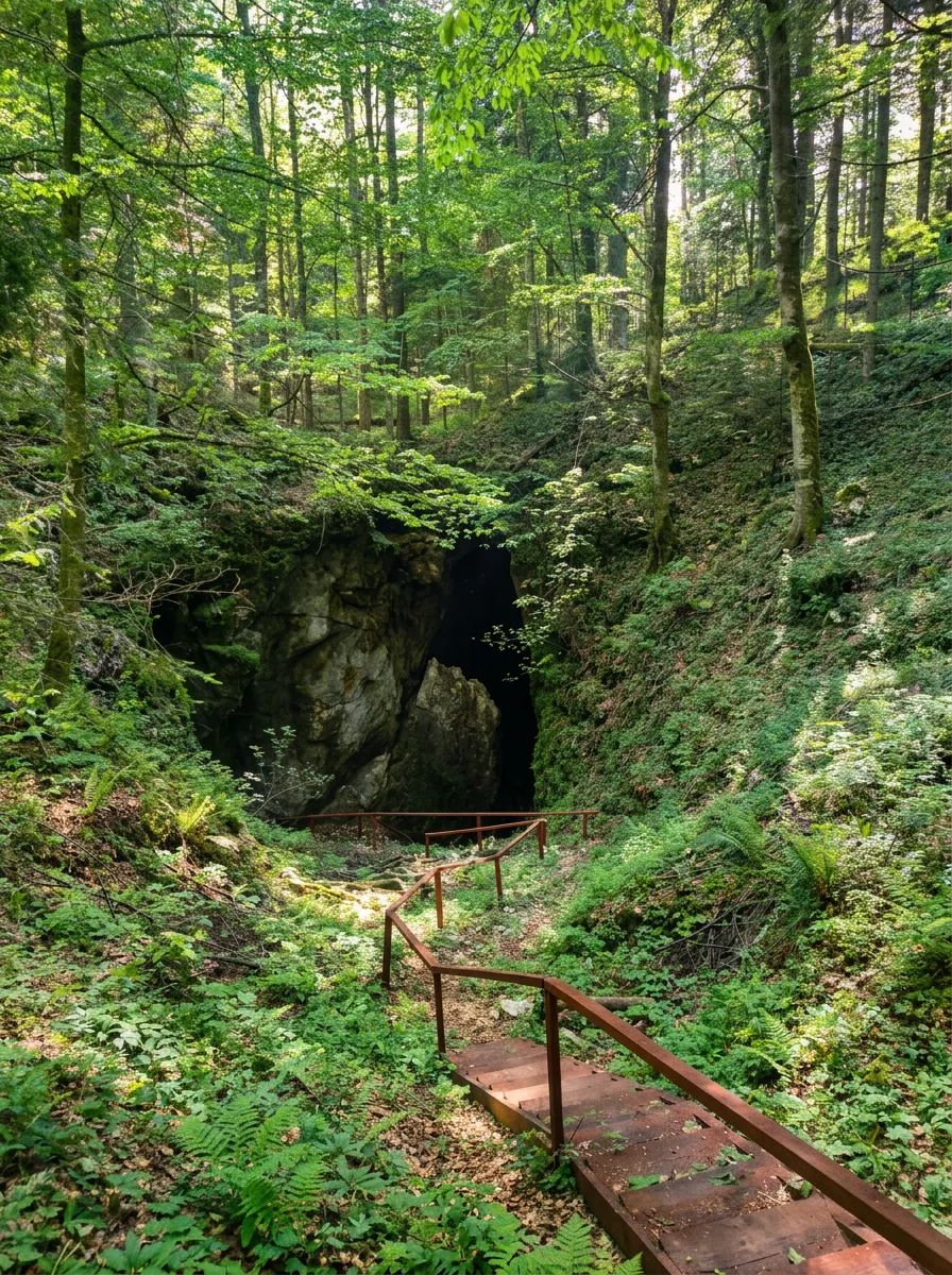 Wooded approach and entrance to Bebrava Cave