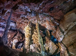 Detailed view of stalactites and stalagmites in Bebrava Cave
