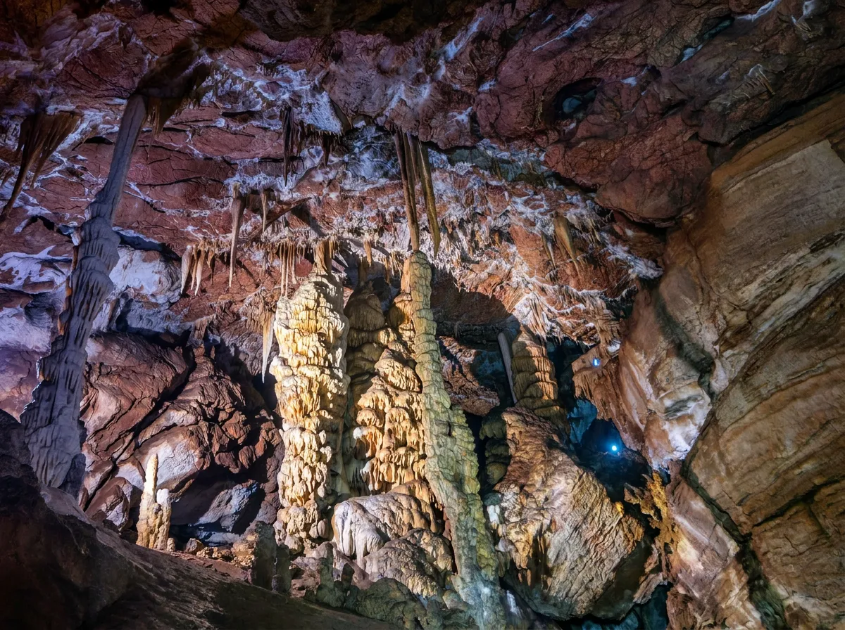 Detailed view of stalactites and stalagmites in Bebrava Cave