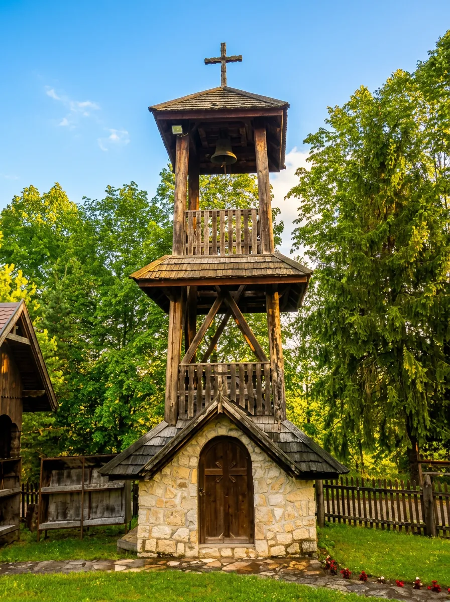 Tradicionalni visoki drveni zvonik na tri etaže sa kamenim postoljem i lučnim ulaznim vratima, lociran pored šume u crkvenom dvorištu