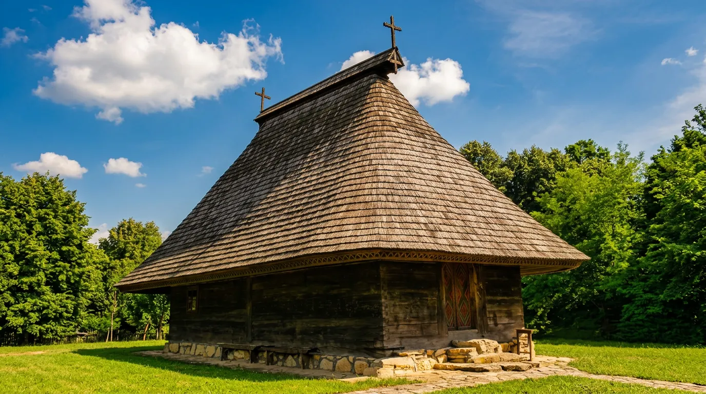 Tradicionalna pravoslavna crkva brvnara od tamnih drvenih talpi sa karakterističnim, izuzetno visokim i strmim krovom pokrivenim drvenom šindrom, pod plavim nebom