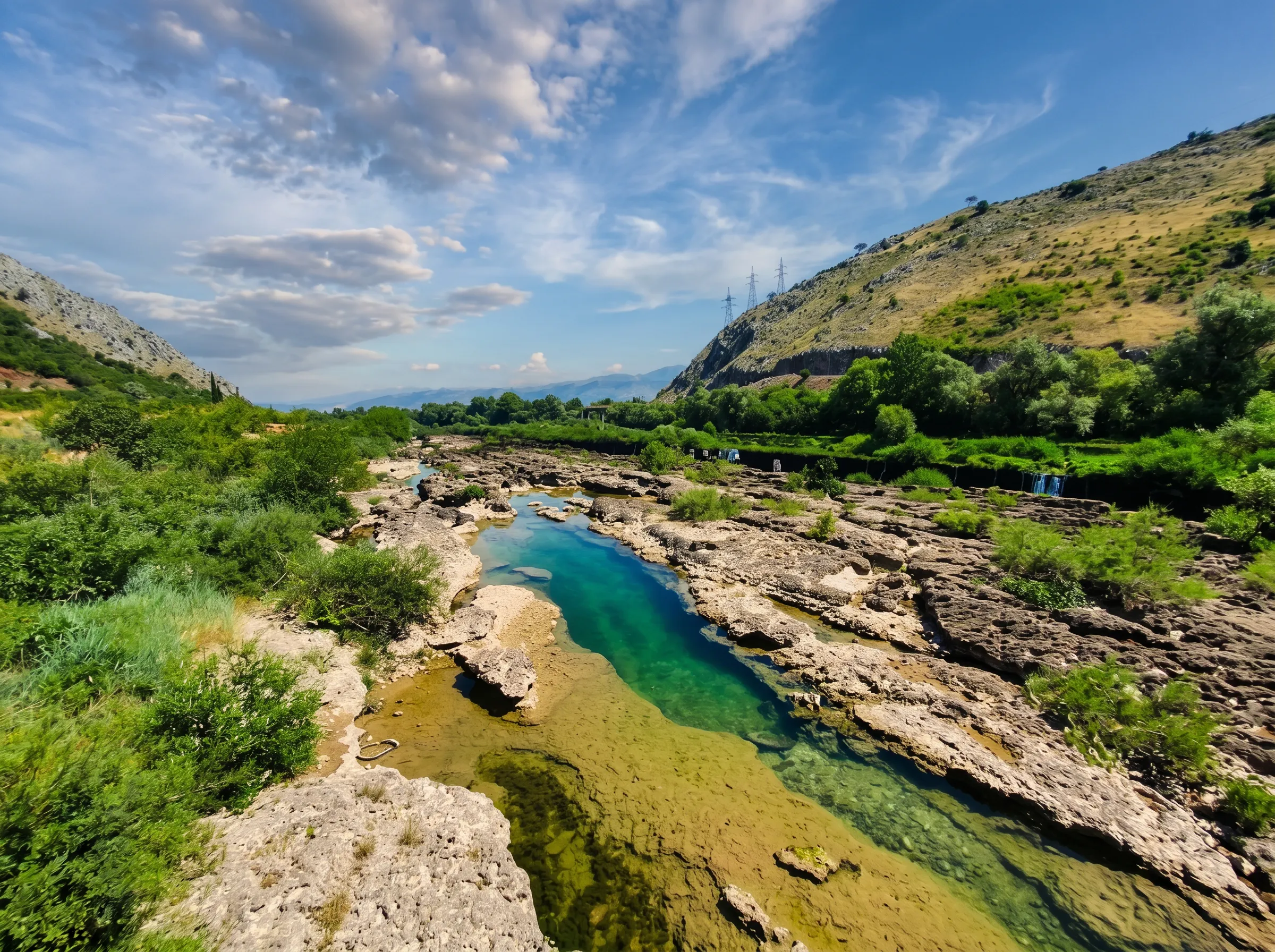 A wide, layered rocky riverbed with pools of clear emerald water, green shrubs along the bank, and hills under a blue sky in the background