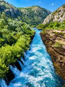 An overhead view of a long, narrow stream of fast turquoise water flowing through the distinctive rocky bed of the Buna Channels, with lush greenery on the left bank