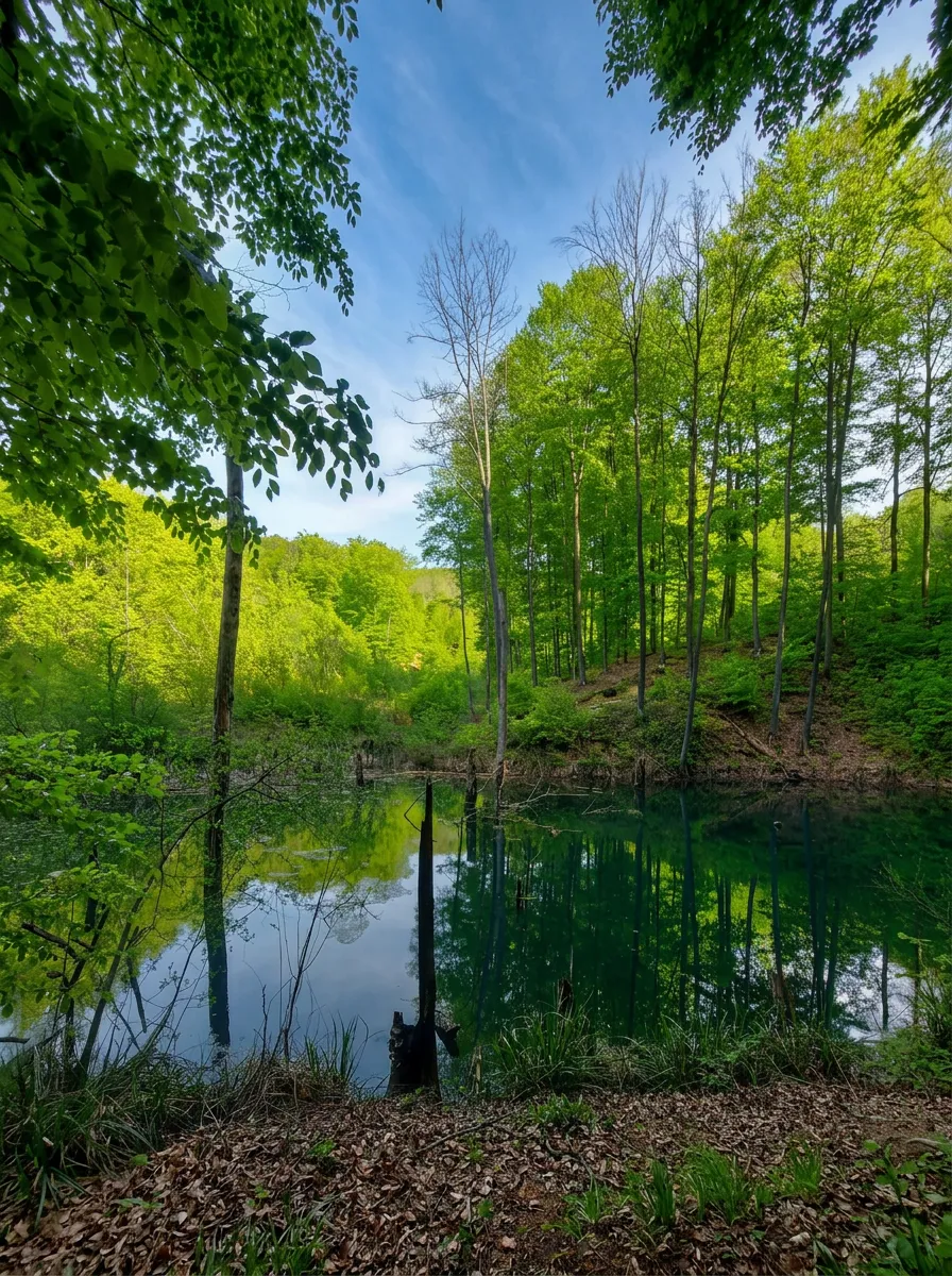 Pogled na šumovitu obalu i mirnu vodu Dabrovog jezera