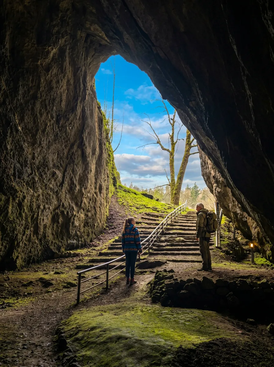 A view from inside the dark, spacious cave entrance toward the outside, showing stone steps with a railing, two visitors, and a green forest landscape under a cloudy blue sky