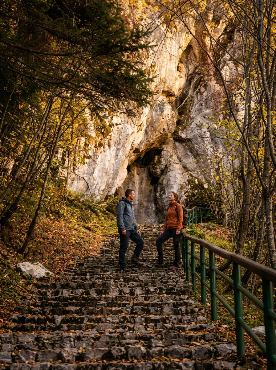 Two hikers stand and talk on a stone staircase with a protective wooden railing that leads through the autumn forest toward the large rocky opening of Djevojačka pećina