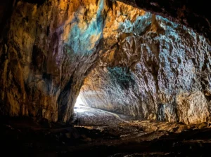 The interior of the huge, high underground chamber of Djevojačka pećina, with an impressive, illuminated stone vault and rocky walls narrowing toward the bright exit in the distance