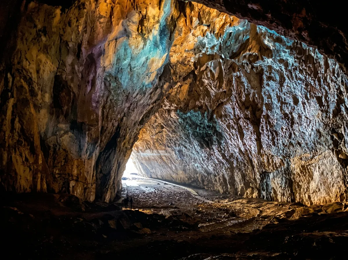 The interior of the huge, high underground chamber of Djevojačka pećina, with an impressive, illuminated stone vault and rocky walls narrowing toward the bright exit in the distance