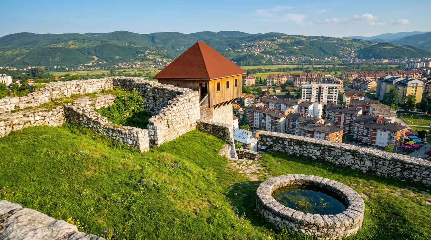 Doboj kalesinin üst kısmından ahşap kule yapısına, taş surlara ve dağlarla çevrili vadide yer alan Doboj şehrinin panoramasına bakış