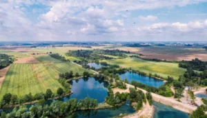 A panoramic bird's-eye shot showing several beautiful blue lakes surrounded by green fields, trees, and gravel paths under a wide, cloudy sky