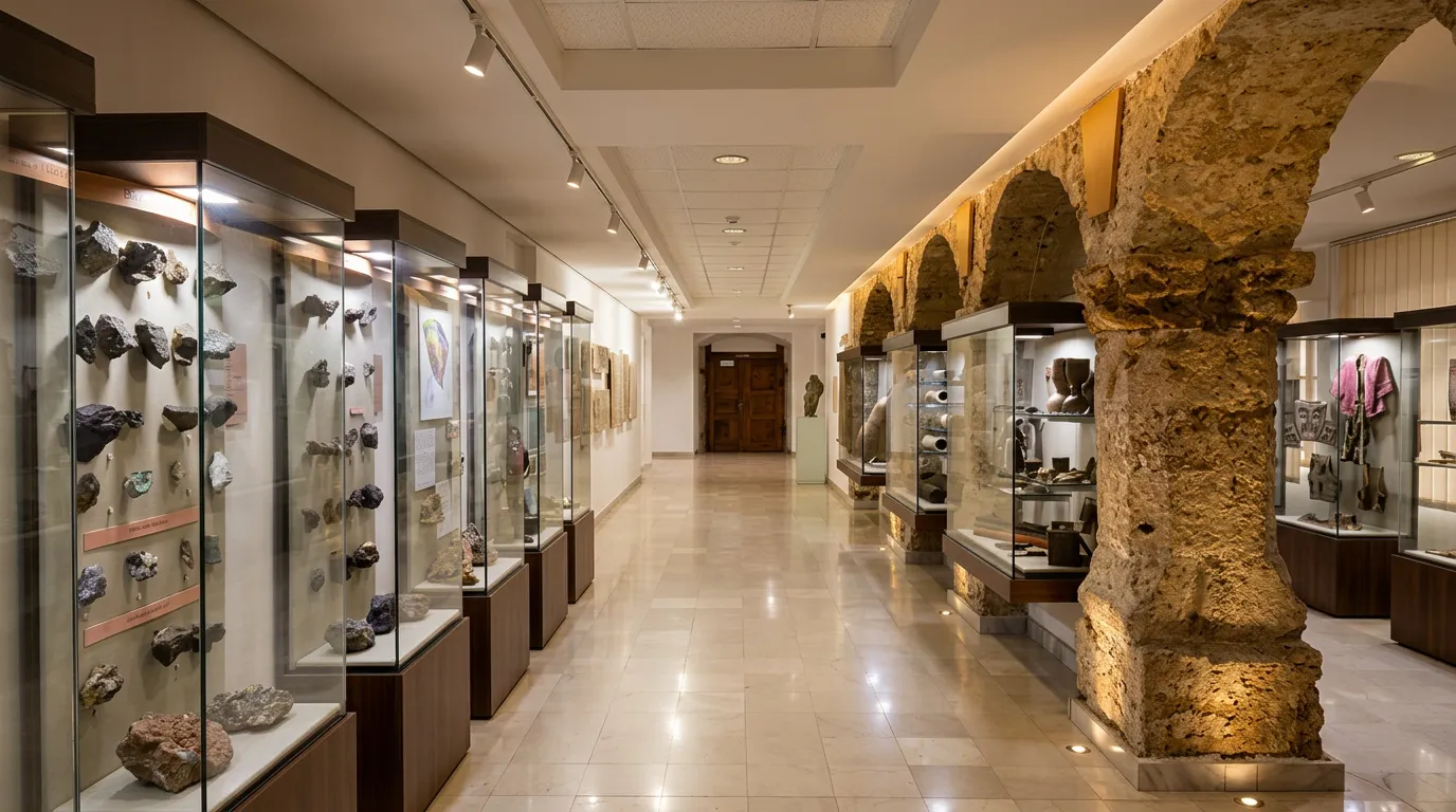 Das Innere des modern eingerichteten Museums im Kloster Fojnica mit Glasvitrinen voller historischer Exponate, die entlang eines beleuchteten Gangs mit Steinbögen aufgereiht sind