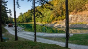 A landscaped shore and forest scenery around Goransko Lake