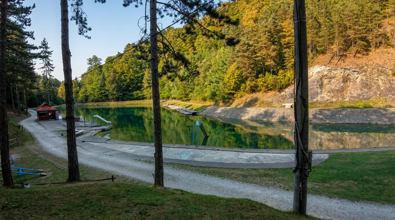 A landscaped shore and forest scenery around Goransko Lake