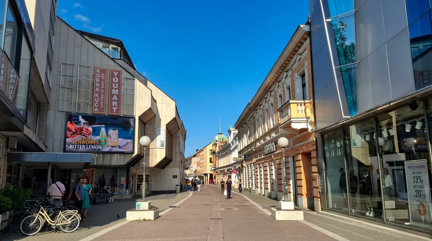 A wide shot of the pedestrian zone in the center of Banja Luka with recognizable historic facades on the right and more modern architecture on the left side of the street under a clear sky