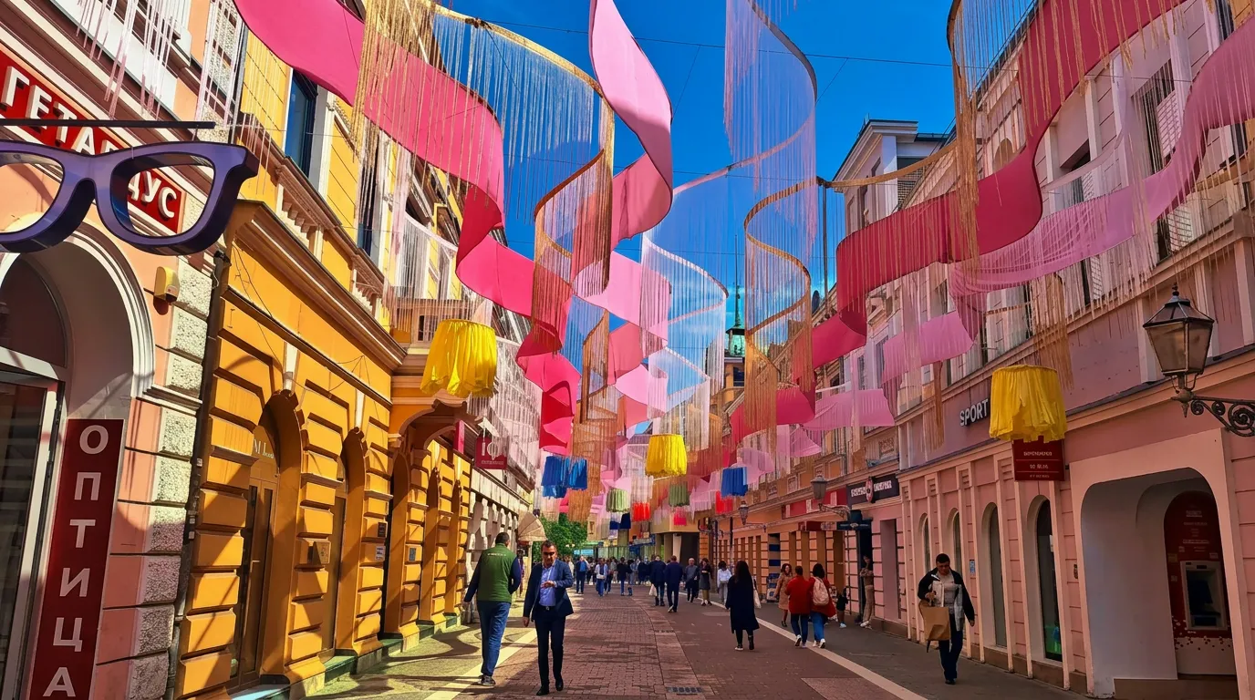 Numerous pedestrians in Gospodska ulica beneath a lavish and dynamic street decoration with bright pink and pastel ribbons creating a striking visual effect