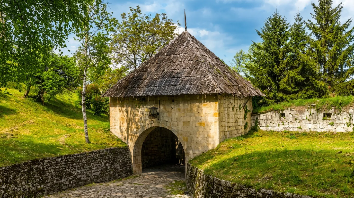 Massives steinernes Eingangstor mit Rundbogen und traditionellem hölzernem, mit Schindeln gedecktem Dach, das in den Festungskomplex in Gradačac führt