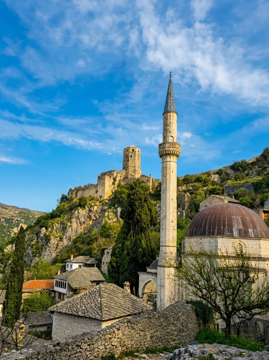A view of the minaret and dome of Hadži-Alijina džamija, while in the background the historic medieval tower of Gavrankapetanovića rises on a steep hill in Počitelj