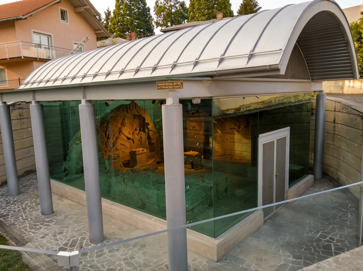 A modern glass structure with an arched roof that protects the interior and the archaeological remains of the ancient temple of the god Mithras in Jajce
