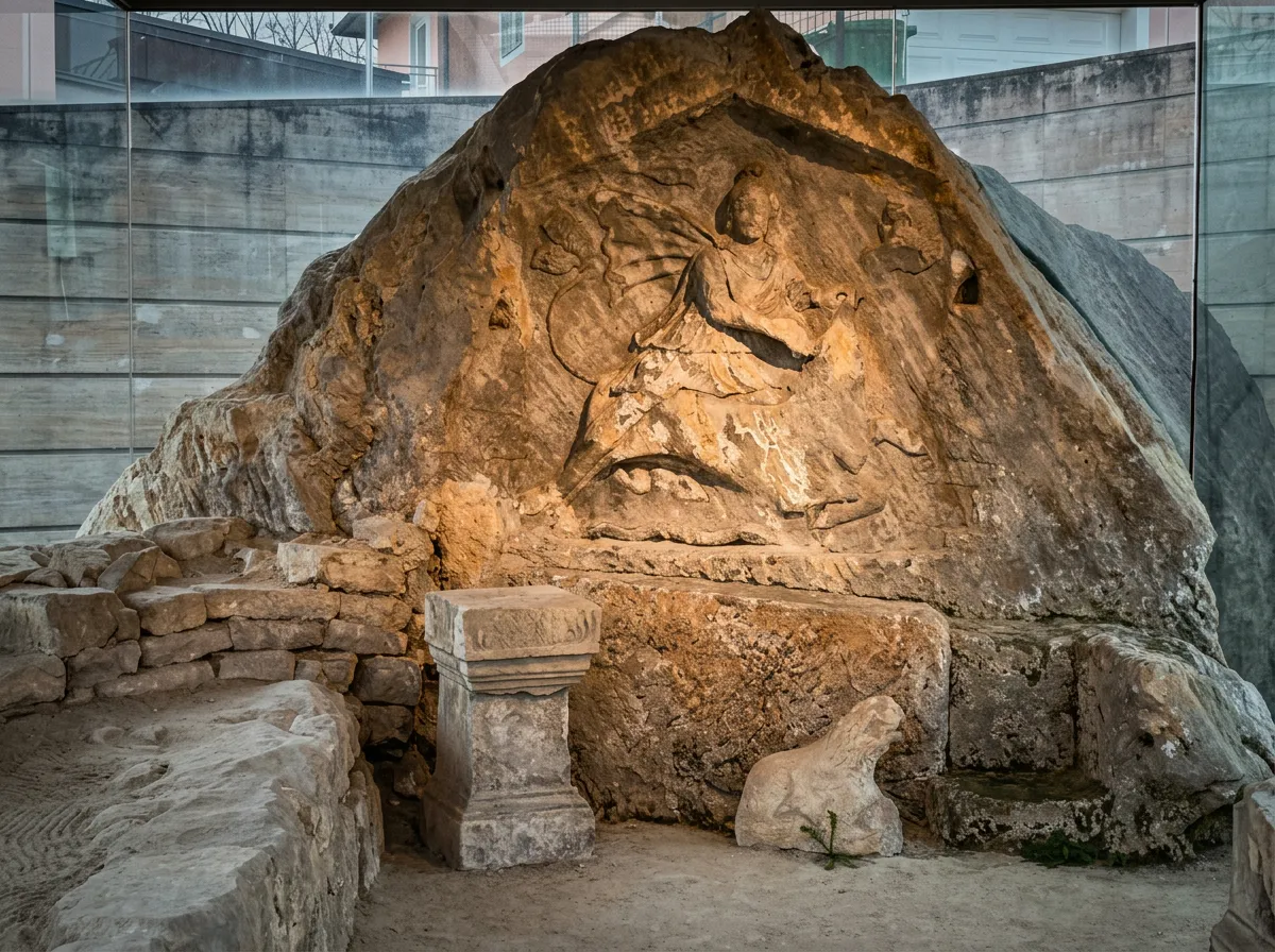 An ancient stone relief carved into the rock depicting the god Mithras sacrificing a bull, located inside the historic Mithraeum in Jajce