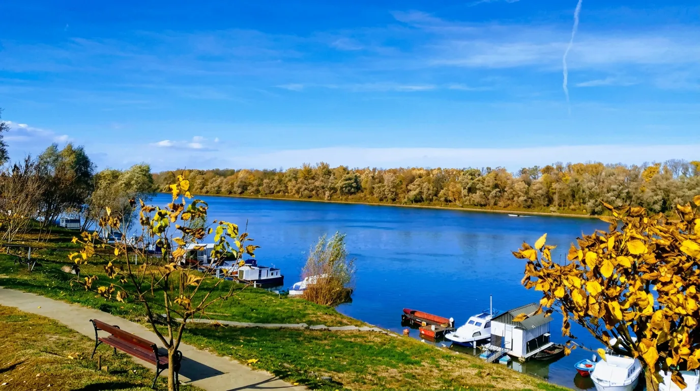 Riverbank and green area of Ficbajer Picnic Area during a sunny day