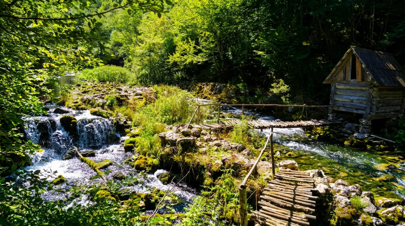 Fast mountain streams and small waterfalls flowing through rich greenery and moss, crossed by simple wooden footbridges