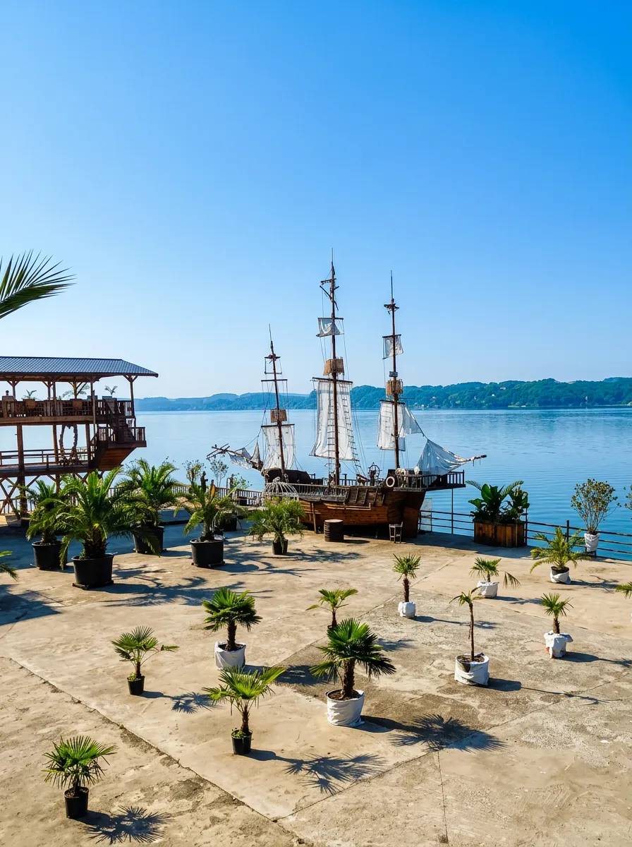 A large wooden pirate ship with masts and unfurled white sails anchored beside a landscaped concrete shore decorated with potted palms, with the calm lake water in the background
