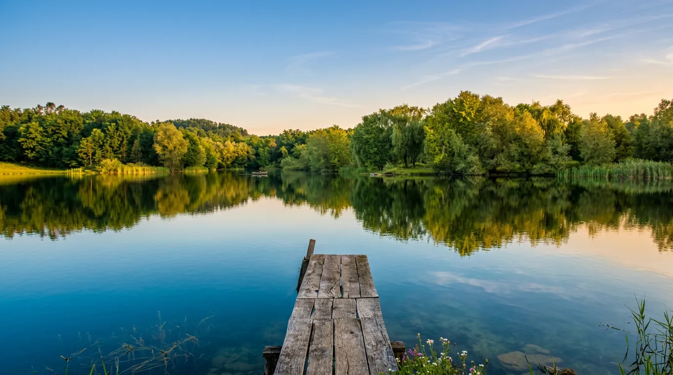 View of the wooden pier leading into the calm waters of Bistarac Lake