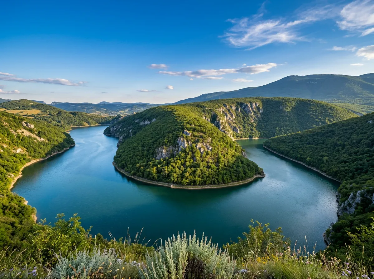 A spectacular panoramic view from a hill of the large, semicircular bend and meander of Bočac Lake, surrounded by dense green hills