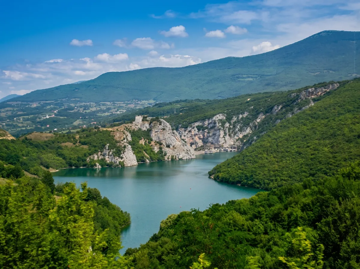 A high-angle view of the calm turquoise water of Bočac Lake winding through steep, wooded cliffs and canyon rocks under a lightly cloudy blue sky