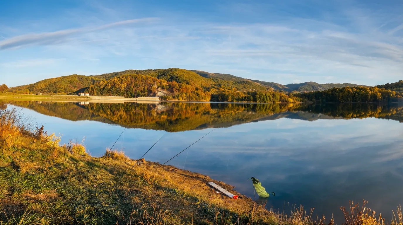 Štapovi za pecanje na mirnoj obali jezera Drenova tokom sunčanog dana