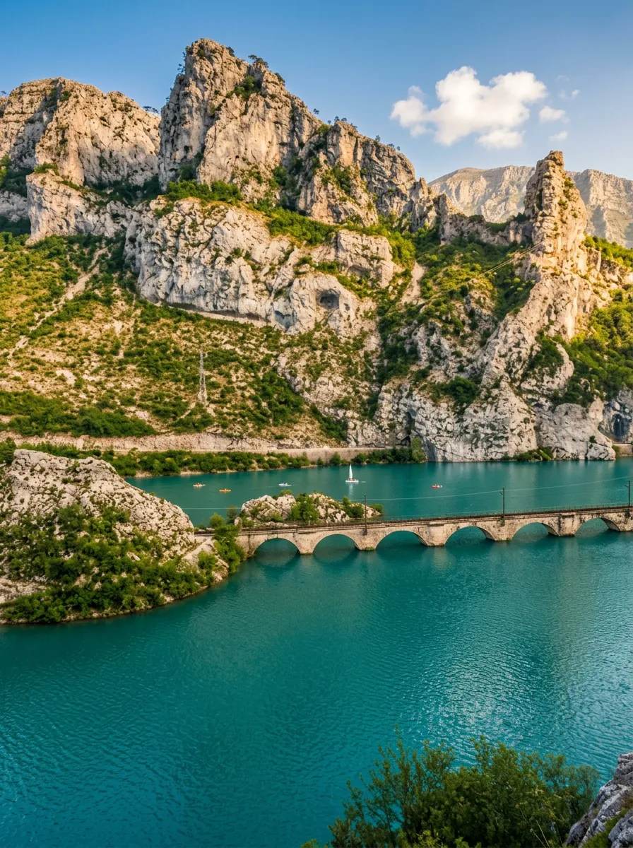 Panoramski pogled sa visine na smaragdno-plavo jezero Grabovica preko kojeg se proteže stari kameni vijadukt sa lukovima, podno strmih i masivnih sivih litica kanzona Neretve